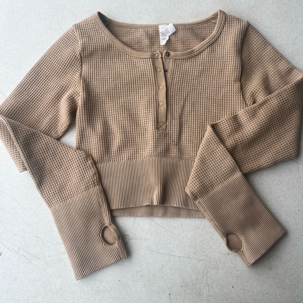 Aerie Beige Waffle Knit Button-Up